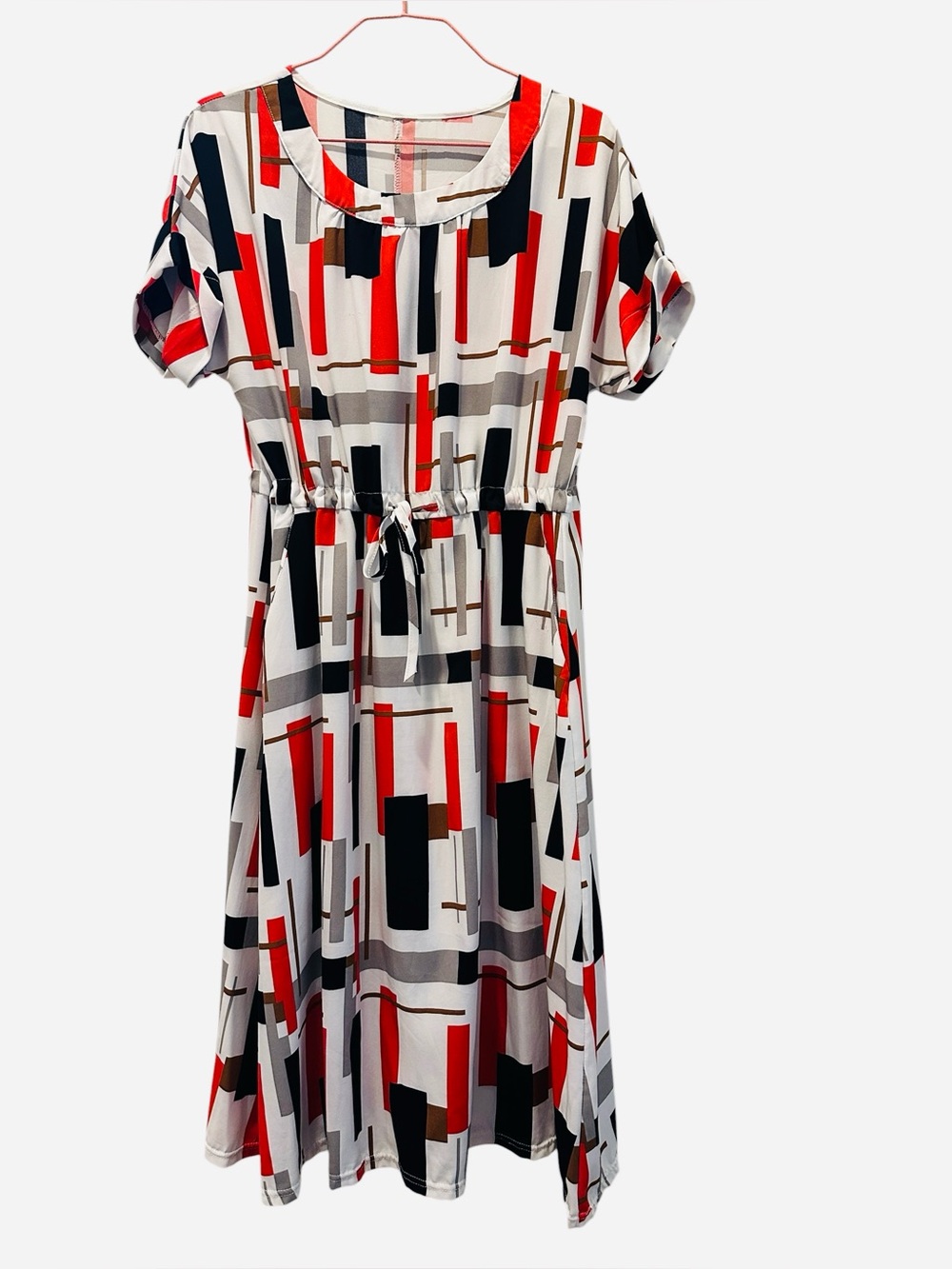 Taiwan Women’s Geometric Print Tie-Waist Midi Slip on Dress M/L Artsy Glamour